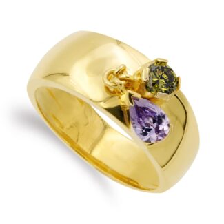 18K SORTIJA ORO AMARILLO DOS PIEDRAS COLOR AMATISTA Y OLIVINA, ANCHO: 8,5 MM