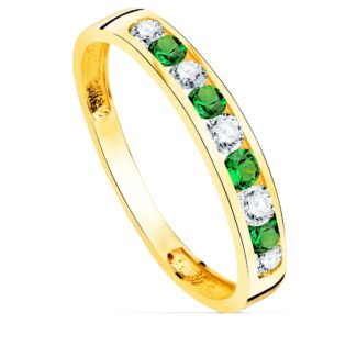 18K SORTIJA ORO AMARILLO 9 CIRCONITA BLANCAS Y VERDES, ANCHO CUERPO 3,5 MM