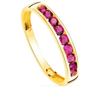 18K SORTIJA ORO AMARILLO 9 CIRCONITA ROJAS, ANCHO CUERPO 3,5 MM
