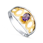 18K SORTIJA ORO BICOLOR MOTIVOS CALADA Y PIEDRA OVAL AMATISTA 6X 3,5 MM, ANCHO: 11MM
