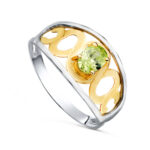 18K SORTIJA ORO BICOLOR MOTIVOS CALADA Y PIEDRA OVAL OLIVINA 6X 3,5 MM, ANCHO: 11MM