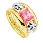18K SORTIJA ORO BICOLOR DOBLE CUERPO MOTIVO Y CIRCONITA ROSA 8X6MM, ANCHO: 14 MM