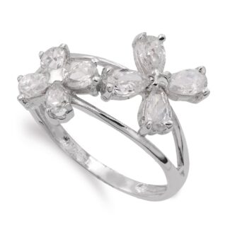 18K SORTIJA ORO BLANCO CON FLORES DE CIRCONITA ANCHO 13 MM