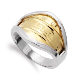 18K SORTIJA ORO BICOLOR BRILLO CON GRECA, ANCHO: 14,5 MM