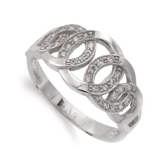 18K SORTIJA ORO BLANCO CON CIRCULOS BRILLO Y CIRCONITAS, ANCHO 10 MM