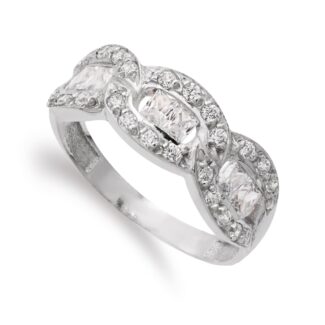 18K SORTIJA ORO BLANCO CON TRES MOTIVOS OVALES Y CIRCONITAS, ANCHO: 7 MM