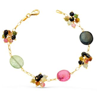 18K PULSERA ORO AMARILLO ESLABONES Y PIEDRAS DE COLORES, 18,5 CM