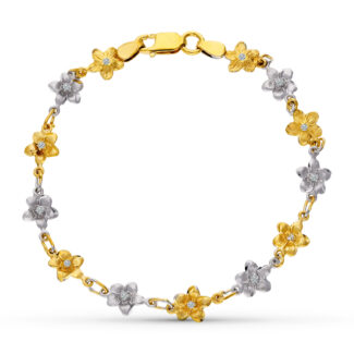 18K PULSERA ORO BICOLOR FLORES 18,5 CM