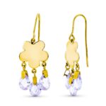 18K PENDIENTES ORO AMARILLO LARGO FLOR 3 PIEDRAS COLOR MALVA CIERRE GANCHO