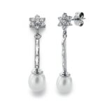 18K PENDIENTES ORO BLANCO ,CUAJO Y PERLA 34X6 MM CIERRE PRESION