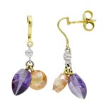 18K PENDIENTES ORO BICOLOR AMATISTA Y TOPACIO CIERRE PRESION