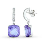 18K PENDIENTES ORO BLANCO PIEDRA COLOR AMATISTA 30X12 MM CIERRE PRESION