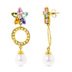 18K PENDIENTES ORO AMARILLO CIRCONITA Y PERLA Y FLOR DE PIEDRA DE COLOR CIERRE PRESION