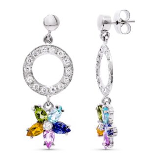 18K PENDIENTES LARGOS ORO BLANCO Y PIEDRAS DE COLORES,36X14 MM CIERRE PRESION