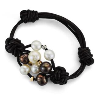 18K PULSERA CUERO PERLA Y DIAMANTE TALLA BRILLANTE