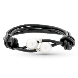 18K PULSERA CUERO PERLA Y DIAMANTE TALLA BRILLANTE