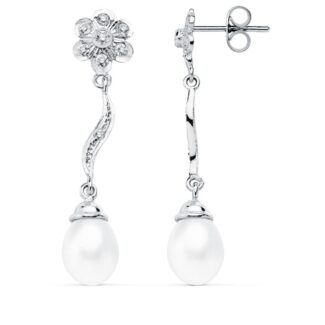 18K PENDIENTES ORO BLANCO PERLA 9X7 MM FLOR 38X8 MM CIERRE PRESION