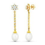 18K PENDIENTES ORO AMARILLO TRES CUERPOS CUAJO Y PERLA, CIERRE PRESION