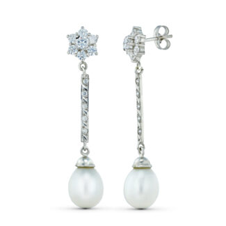 18K PENDIENTES ORO BLANCO TRES CUERPOS CUAJO Y PERLA, CIERRE PRESION