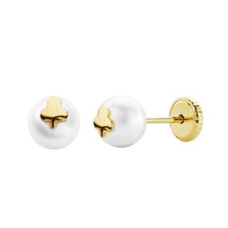 18K PENDIENTES ORO AMARILLO TREBOL Y PERLA 6 MM TUERCA