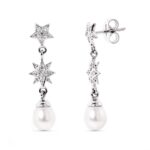 18K PENDIENTES ORO BLANCO ESTRELAS DE CIRCONITA Y PERLA CIERRE PRESION