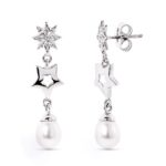 18K PENDIENTES LARGOS PRESION ORO BLANCO ESTRELLAS CON CIRCONITA Y PERLA