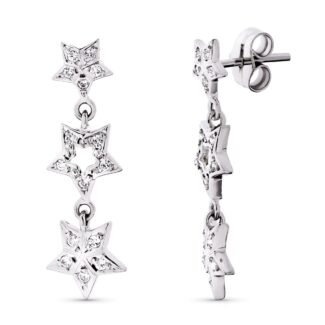 18K PENDIENTES ORO BLANCO LARGOS CIRCONITA Y ESTRELLAS, 27X8 MM CIERRE PRESION