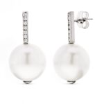 18K PENDIENTES ORO BLANCO LARGOS PERLA 14 MM Y CIRCONITA CIERRE PRESION