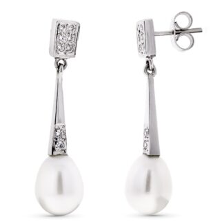 18K PENDIENTES ORO BLANCO LARGOS PERLA Y CIRCONITA CIERRE PRESION