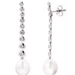 18K PENDIENTES ORO BLANCO LARGOS PERLA PERA Y CIRCONITA CIERRE PRESION