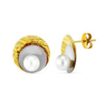 18K PENDIENTES ORO BICOLOR REDONDOS CON PERLAS, CIERRE PRESION