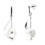 18K PENDIENTES ORO BLANCO LARGOS CON PERLA Y BARRA CIERRE PRESION