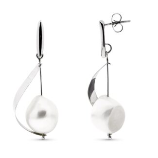 18K PENDIENTES ORO BLANCO LARGOS CON PERLA Y BARRA CIERRE PRESION