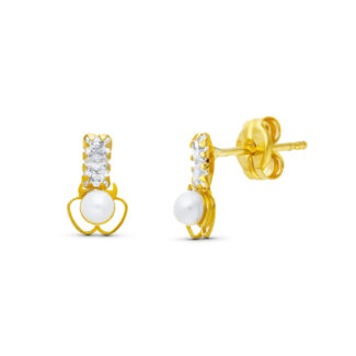 18K PENDIENTES ORO AMARILLO PERLA TREBOL, 8X5 MM CIERRE PRESION