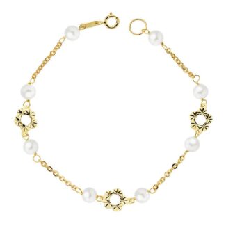 18K PULSERA ORO AMARILLO FLOR Y PERLAS 5 MM 18CM