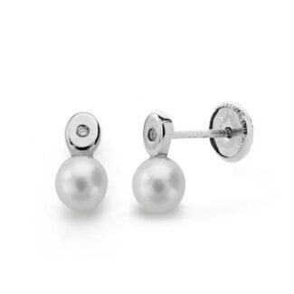 18K PENDIENTES ORO BLANCO PERLA 3 MM DIAMANTES NATURALES SI-H TALLA BRILLANTE 0,012 QTS, CIERRE TUERCA