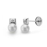 18K PENDIENTES ORO BLANCO PERLA 3 MM DIAMANTES NATURALES SI-H TALLA BRILLANTE 0,012 QTS, CIERRE TUERCA