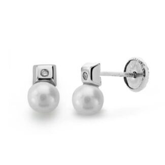 18K PENDIENTES ORO BLANCO PERLA 3 MM DIAMANTES NATURALES SI-H TALLA BRILLANTE 0,012 QTS, CIERRE TUERCA
