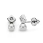 18K PENDIENTES ORO BLANCO PERLA 3 MM DIAMANTES NATURALES SI-H TALLA BRILLANTE 0,012 QTS, CIERRE TUERCA