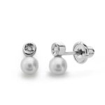 18K PENDIENTES ORO BLANCO PERLA 3 MM DIAMANTES NATURALES SI-H TALLA BRILLANTE 0,012 QTS, CIERRE TUERCA