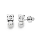 18K PENDIENTES ORO BLANCO PERLA 3 MM DIAMANTES NATURALES SI-H TALLA BRILLANTE 0,012 QTS, CIERRE TUERCA