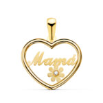 18K COLGANTE ORO AMARILLO CORAZON CON PALABRA MAMA CON FLOR Y CIRCONITA, 19X15MM
