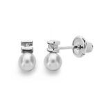 18K PENDIENTES ORO BLANCO PERLA 3 MM DIAMANTES NATURALES SI-H TALLA BRILLANTE 0,012 QTS, CIERRE TUERCA