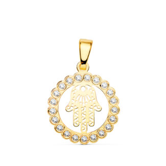 18K COLGANTE ORO AMARILLO MANO DE FATIMA CIRCONITA 15 MM