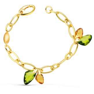 18K PULSERA ORO AMARILLO ESLABONES BRILLO Y PIEDRAS COLORES, ANCHO 7 MM 20CM