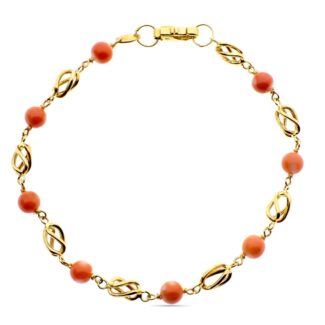 18K PULSERA ORO AMARILLO CON JAULAS Y CORAL FINO JAPONES 5 MM 18,5 CM