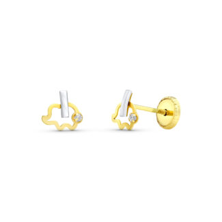 18K PENDIENTES ORO BICOLOR ELEFANTE 6X6 MM CIERRE TUERCA