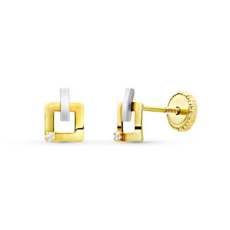 18K PENDIENTES ORO BICOLOR CUADRADOS 6X5 MM CIERRE TUERCA
