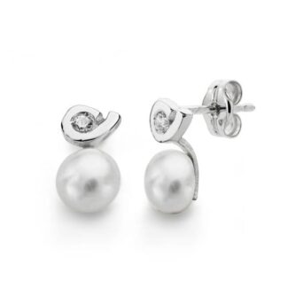 18K PENDIENTES ORO BLANCO PERLA CIRCONITA 11X6 MM CIERRE PRESION