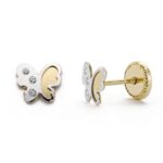 18K PENDIENTES ORO BICOLOR MARIPOSA CIRCONITA 5 MM CIERRE TUERCA